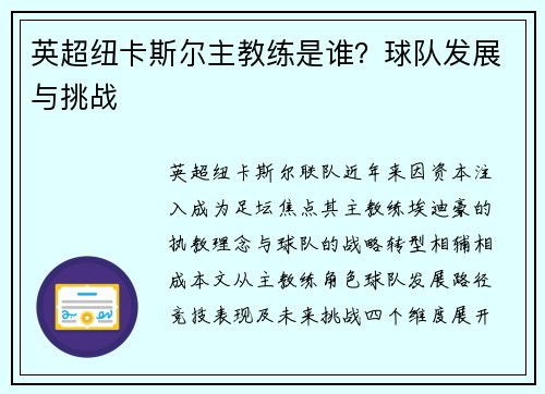 英超纽卡斯尔主教练是谁？球队发展与挑战